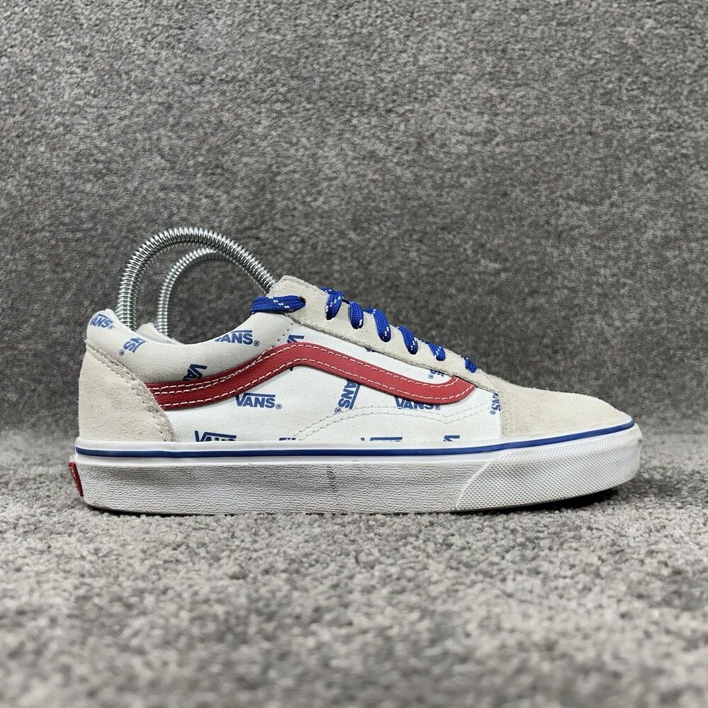 Vans Old Skool Logo Print Women’s Size 7 White Low Top Athletic Skate Shoes Used